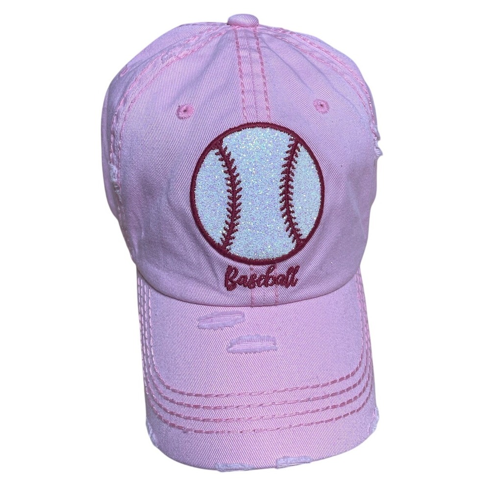 Womens Baseball Pink Glitter Baseball Distressed Hat adjustable new